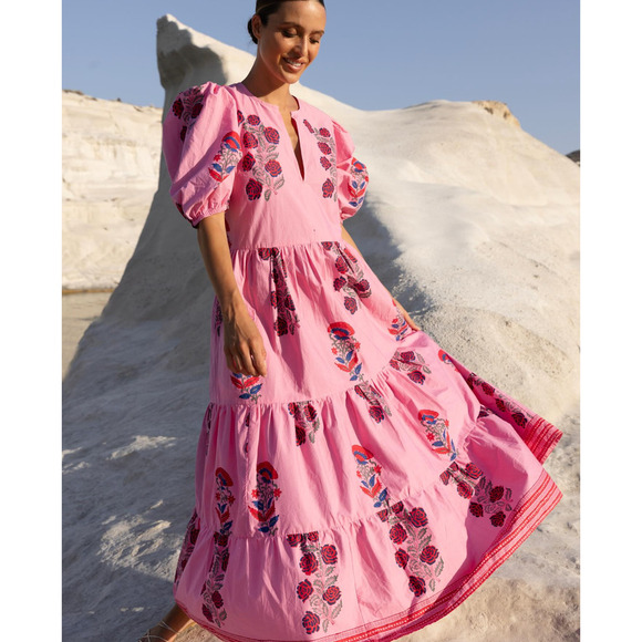 Oliphant Tuckernuck Boca Pink Puff Sleeve Maxi Midi Cotton Block Print Dress - Picture 7 of 16